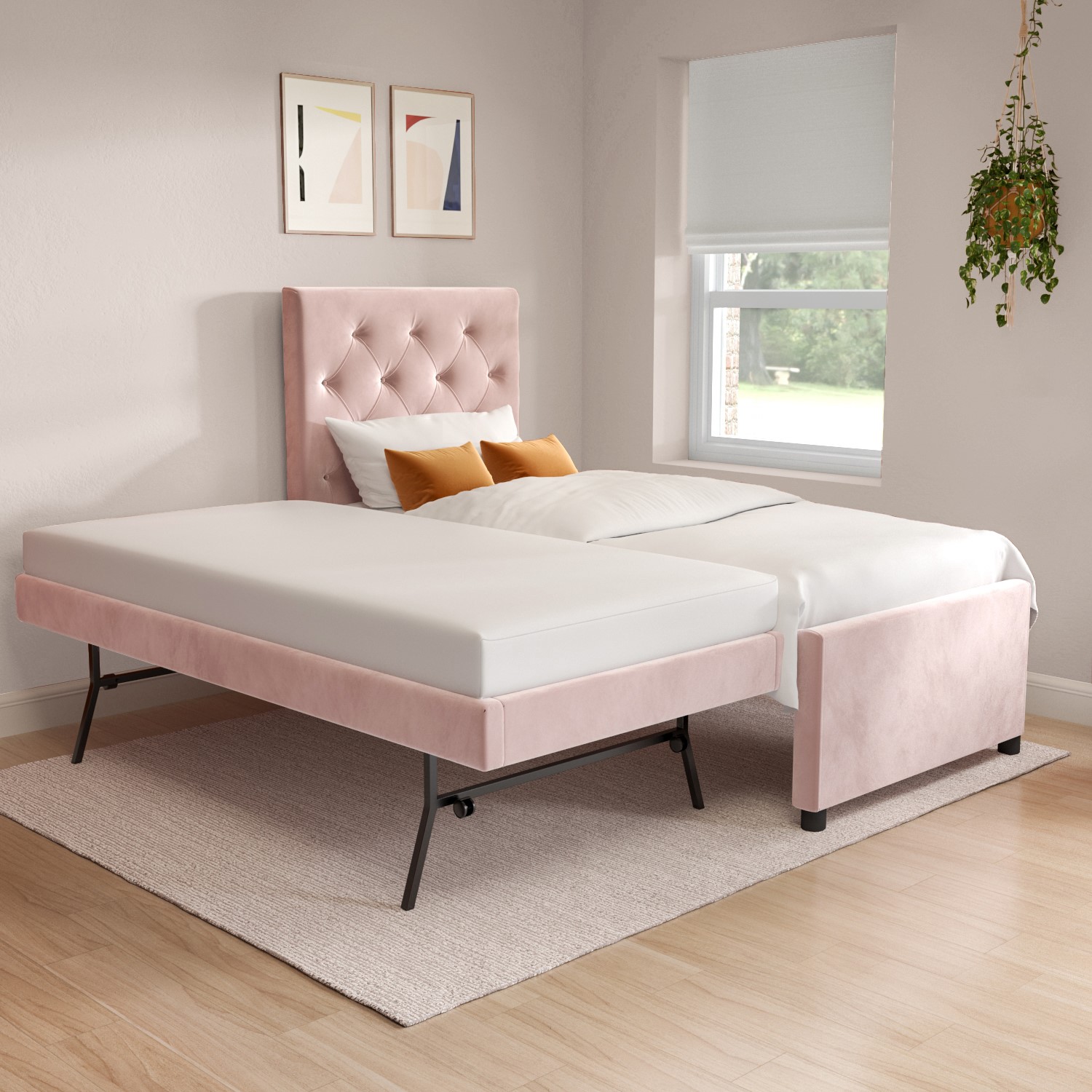 Read more about Single pink velvet guest bed with trundle isabel